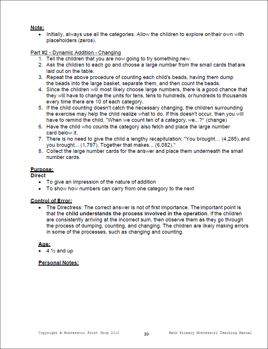 Primary Montessori Math - Addition (Collective Exercise) - Primary Montessori Teaching Manual by Montessori Print Shop