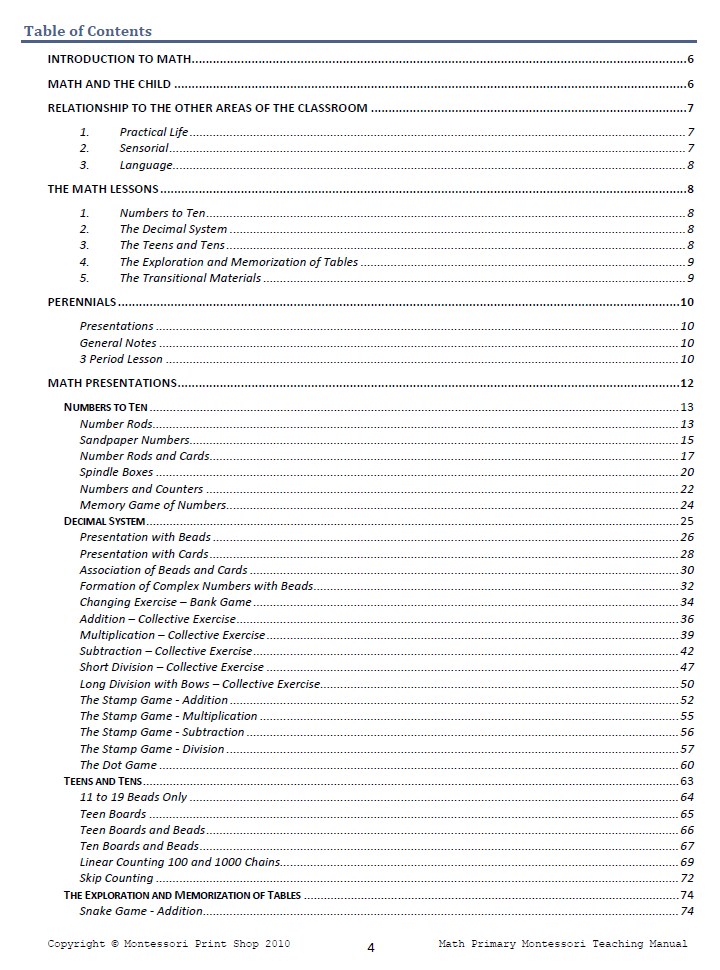 Montessori math table of contents - Montessori Print Shop Digital Download Primary Teaching Manuals