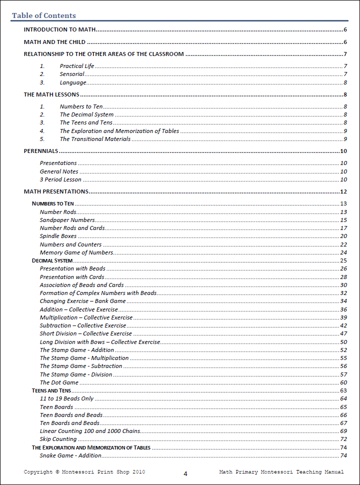 Primary Montessori Math Teaching Manual (Table of Contents) by Montessori Print Shop