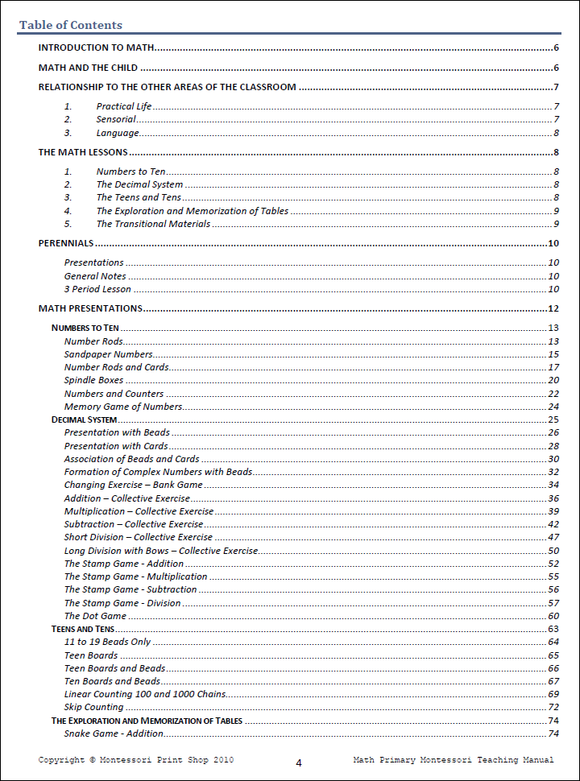 Primary Montessori Math Teaching Manual by Montessori Print Shop