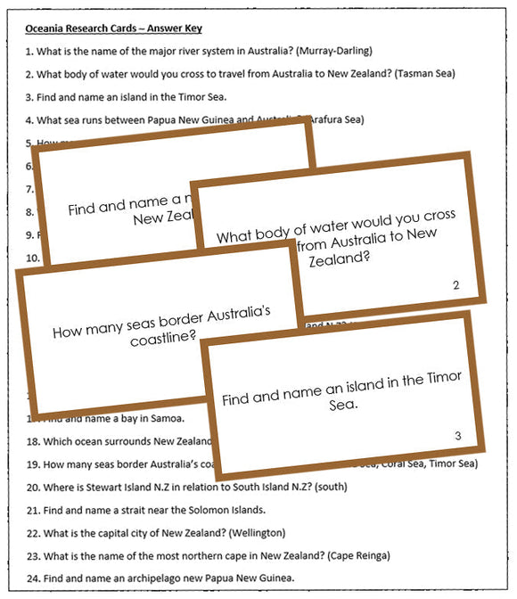 Oceanian Geography Research Cards (color-coded) - Montessori Print Shop geography materials