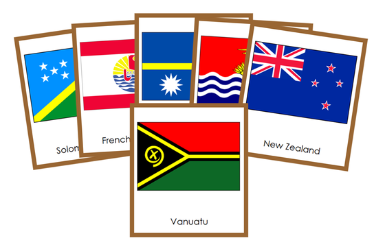 Flags of Oceania 3-Part Cards (color-coded) - Montessori Print Shop Digital Download