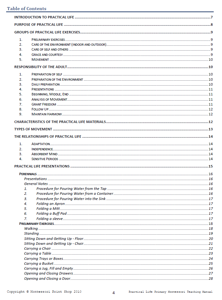 Montessori practical life table of contents - Montessori Print Shop Digital Download Primary Teaching Manuals