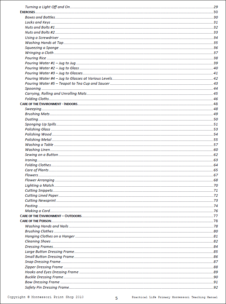 Primary Montessori Practical Life Teaching Manual by Montessori Print Shop