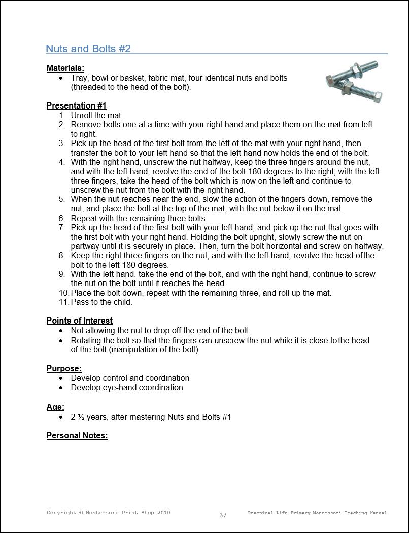 Primary Practical Life - Nuts and Bolts Exercise by Montessori Print Shop