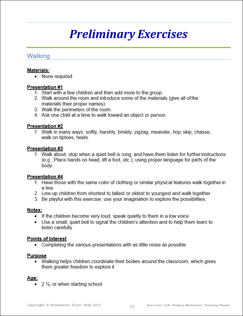 Primary Montessori Teaching Manual (Preliminary Pratical Life Exercises) by Montessori Print Shop
