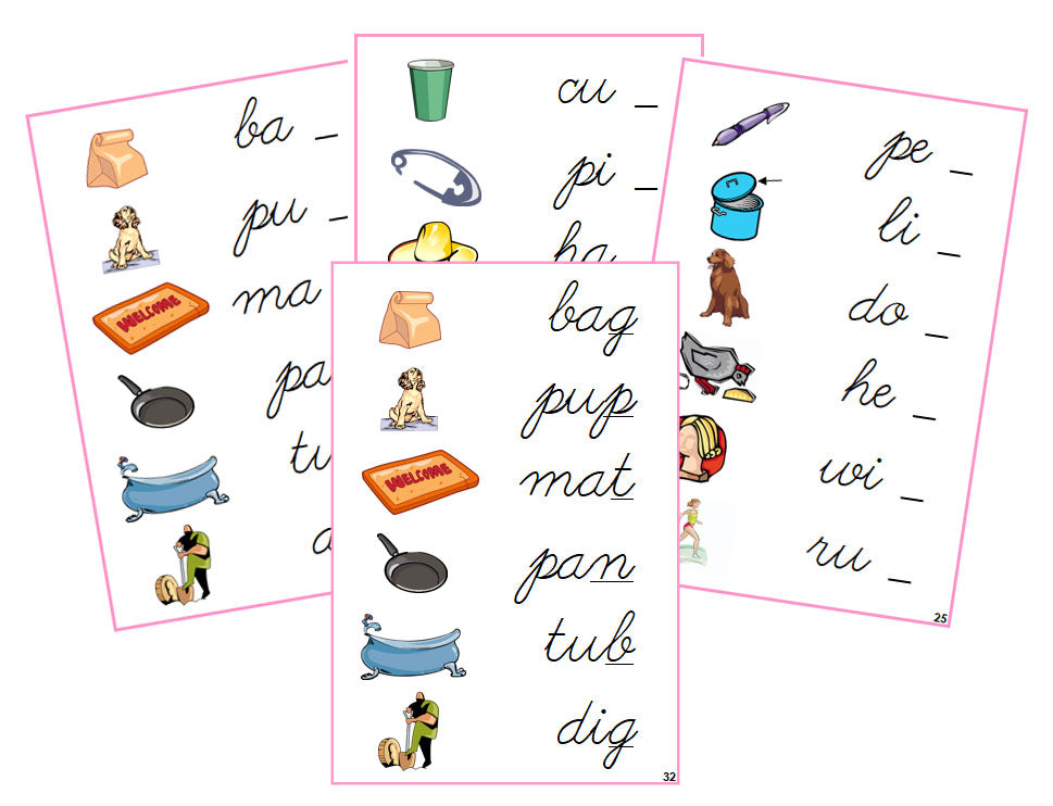 Montessori Pink Ending Sound Cards - Cursive - Montessori Print Shop phonics