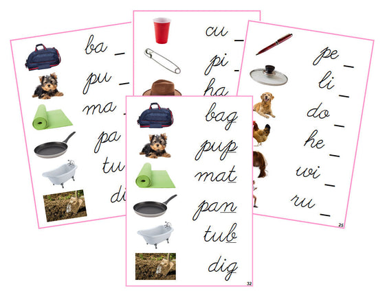 Montessori Pink Ending Sound Cards (photos) - CURSIVE - Montessori Print Shop phonics