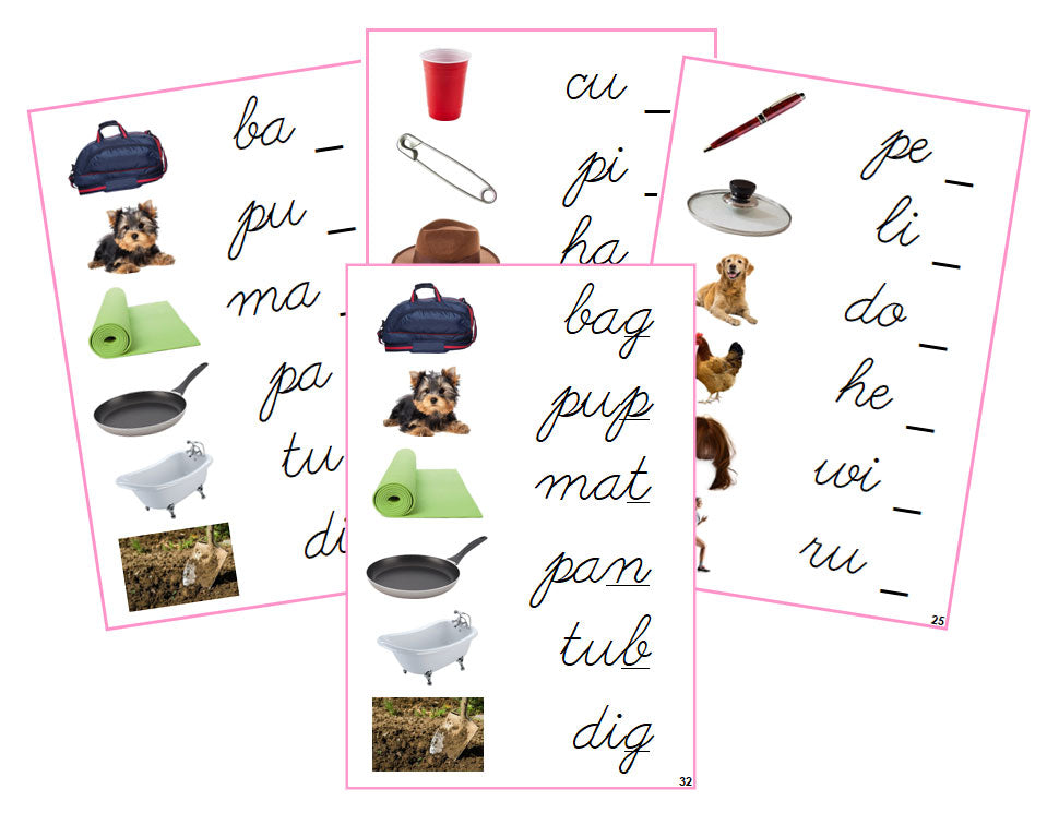 Montessori Pink Language Series Bundle (photos) - CURSIVE  - Phonetic Ending Sound Cards - Montessori Print Shop Phonics Program