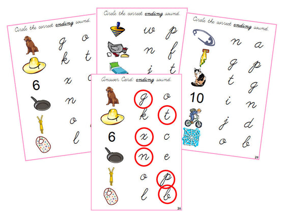 Montessori Pink Ending Sound Choice Cards - CURSIVE - Montessori Print Shop phonics