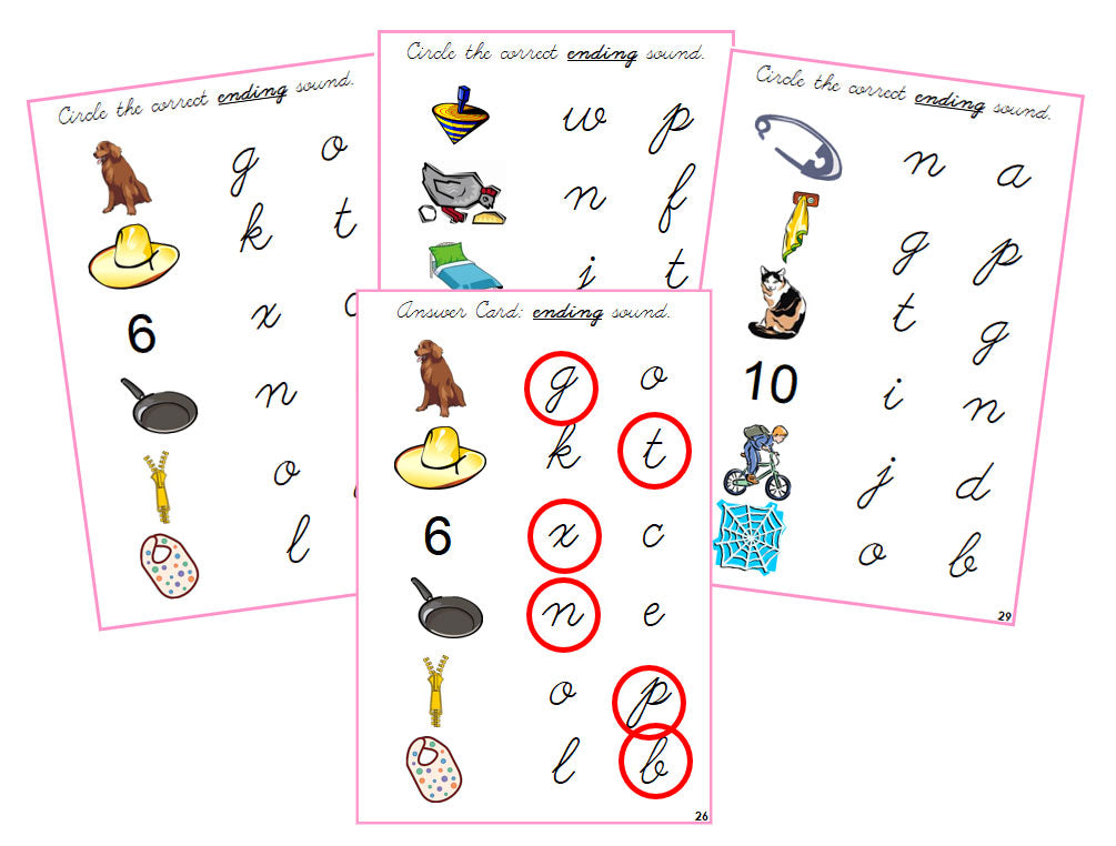 Montessori Phonetic Pink Language Series Bundle (cursive) - Ending Sound Choice Cards -  Montessori Print Shop Phonics Program