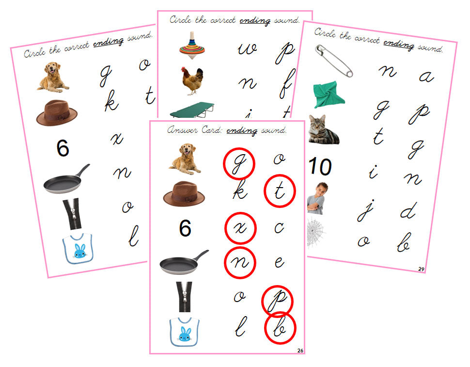 Montessori Pink Ending Sound Choice Cards (photos) - CURSIVE - Montessori Print Shop phonics