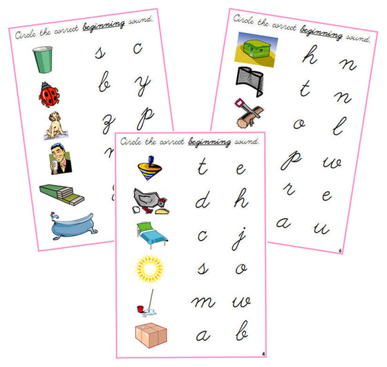 Pink Initial Sound Choice Cards - CURSIVE - Montessori Print Shop phonics