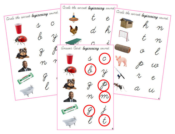 Montessori Pink Initial Sound Choice Cards (photos) - CURSIVE - Montessori Print Shop phonics lesson