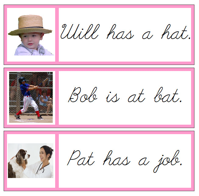 Pink Sentence Cards - Set 1 (photos) - CURSIVE - Montessori Print Shop Digital Download phonics lesson