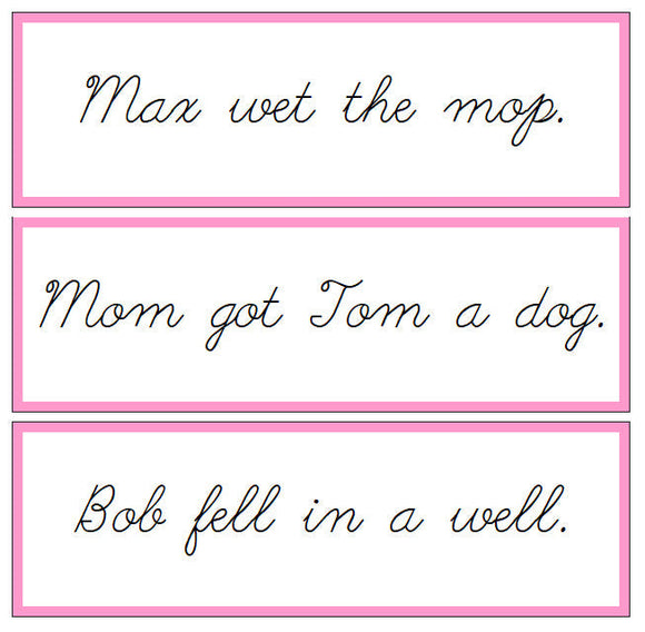 Pink Sentence Cards - Set 2 - CURSIVE - Montessori Print Shop phonics lesson