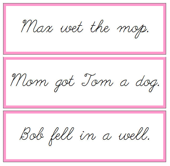 Pink Sentence Cards - Set 2 - CURSIVE - Montessori Print Shop phonics lesson