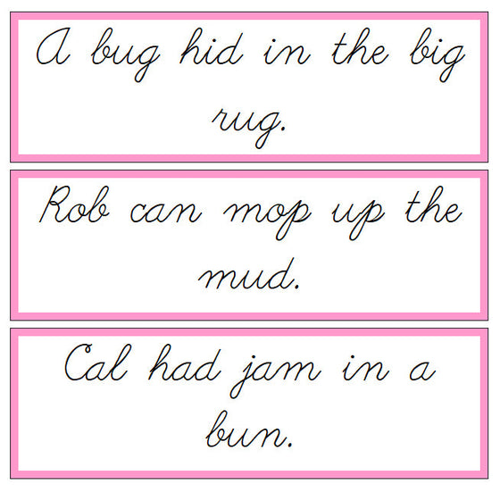 Pink Sentence Cards - Set 3 - CURSIVE - Montessori Print Shop phonics lesson