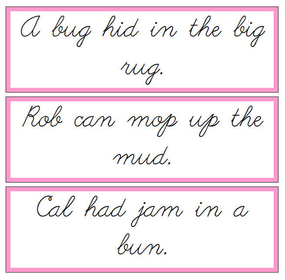 Pink Sentence Cards - Set 3 - CURSIVE - Montessori Print Shop phonics lesson