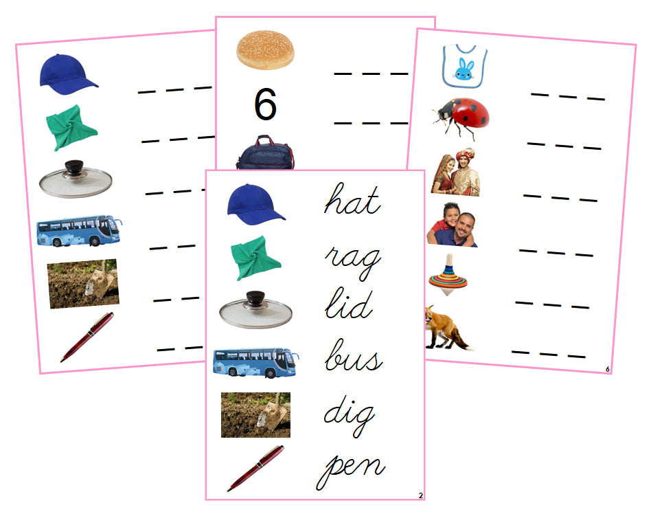 Montessori Pink Spelling Cards (photos) - CURSIVE - Montessori Print Shop phonics lesson
