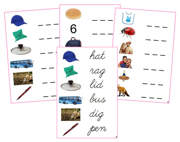 Montessori Pink Spelling Cards (photos) - CURSIVE - Montessori Print Shop phonics lesson