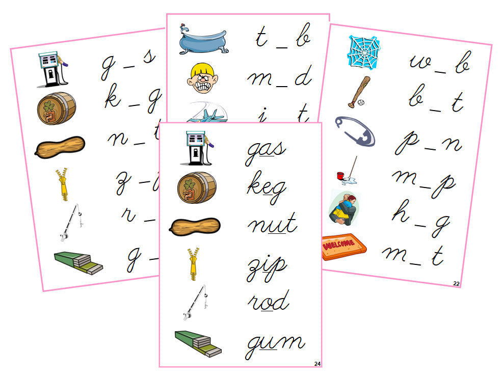 Montessori Pink Vowel Sound Cards - CURSIVE - Montessori Print Shop phonics lesson