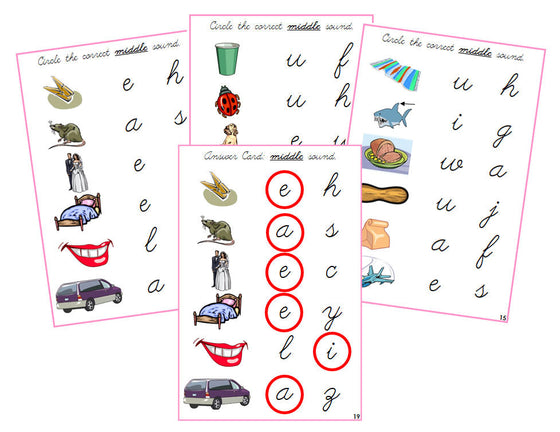 Montessori Pink Vowel Sound Choice Cards - CURSIVE - Montessori Print Shop phonics lesson