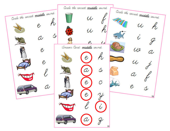 Montessori Pink Vowel Sound Choice Cards - CURSIVE - Montessori Print Shop phonics lesson