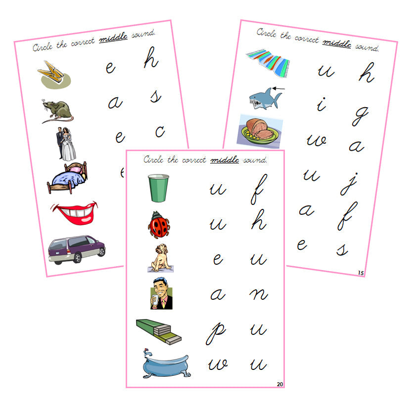 Pink Vowel Sound Choice Cards - CURSIVE - Montessori Print Shop phonics lesson