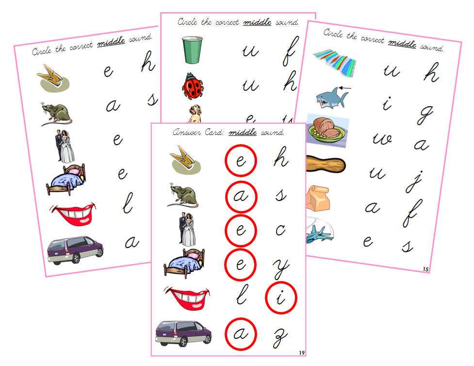 Montessori Phonetic Pink Language Series Bundle (cursive) - Vowel Sound Choice Cards -  Montessori Print Shop Phonics Program