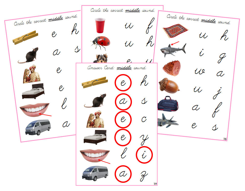 Montessori Pink Language Series Bundle (photos) - CURSIVE  - Phonetic Vowel Sound Choice Cards - Montessori Print Shop Phonics Program