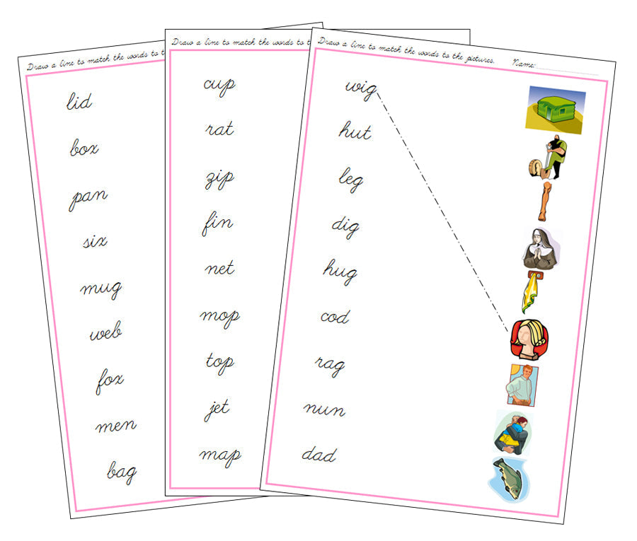 Montessori Phonetic Pink Language Series Bundle (cursive) - Phonetic Words and Pictures Matching -  Montessori Print Shop Phonics Program