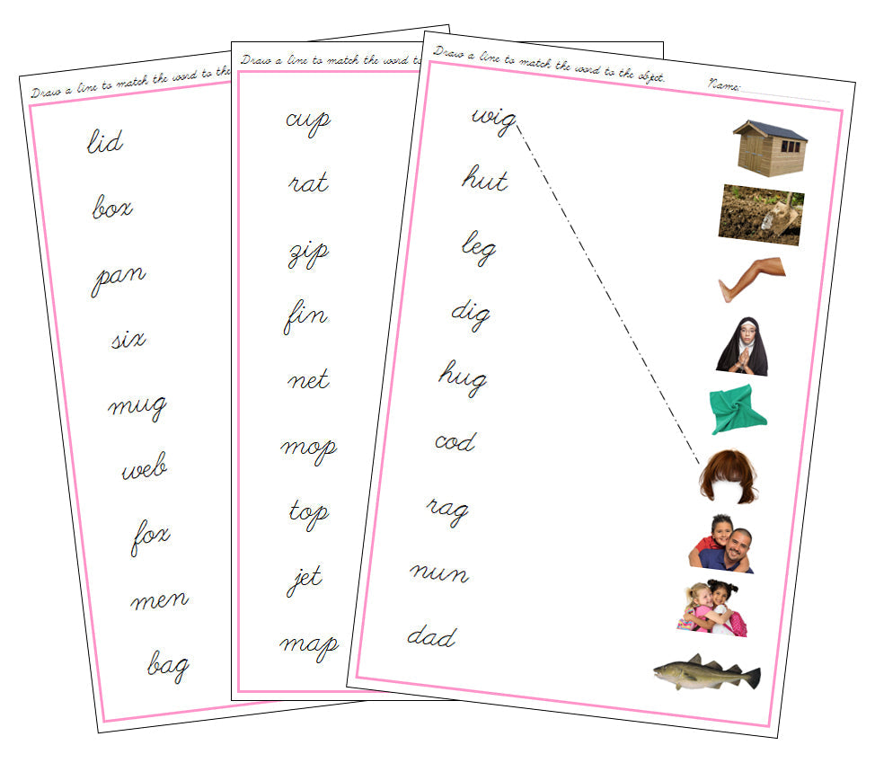 Pink Word & Picture Match (photos) - CURSIVE - Montessori Print Shop Digital Download phonics lesson