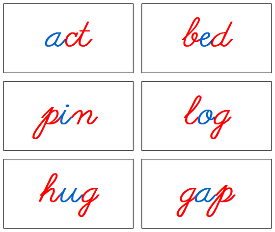 Phonetic Word Cards (red/blue) Cursive Level 1- Montessori Print Shop