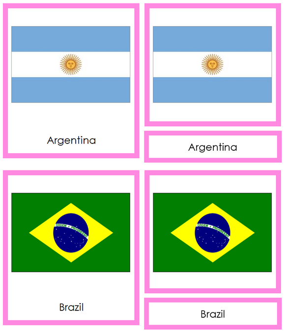 Flags of South America 3-Part Cards (color-coded) - Montessori Print Shop Digital Download