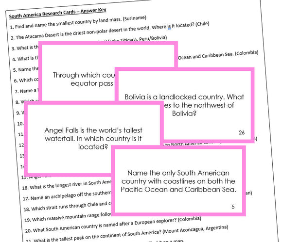 South American Geography Research Cards (color-coded)- Montessori Print Shop