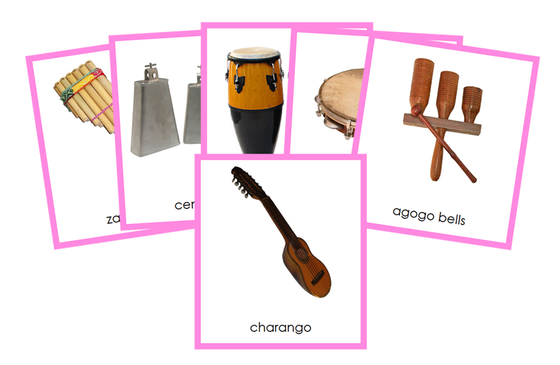 Musical Instruments of South America 3-Part Cards (color-coded) - Montessori Print Shop Digital Download