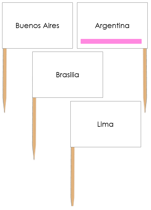 Capital Cities of South America Labels - Pin Map Flags (color-coded) - Montessori Print Shop