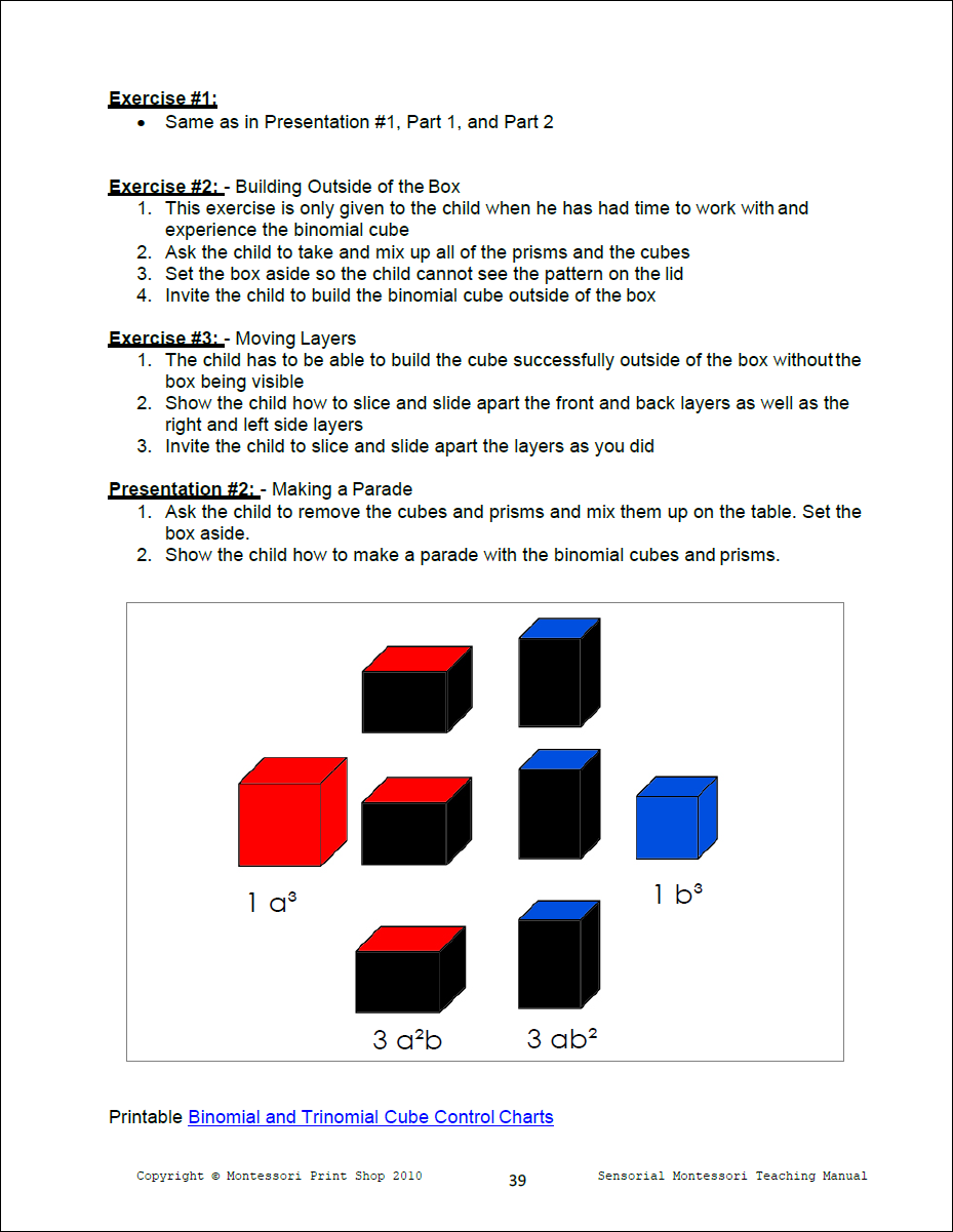 Montessori Binomial Cube Lesson Instructions by Montessori Print Shop
