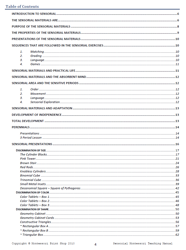 Montessori sensorial table of contents - Montessori Print Shop Digital Download Primary Teaching Manuals