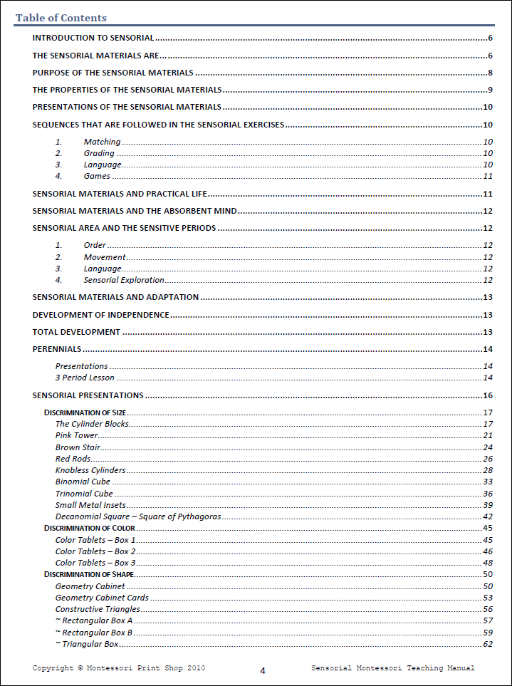 Primary Montessori Sensorial Teaching Manual (Table of Contents) by Montessori Print Shop