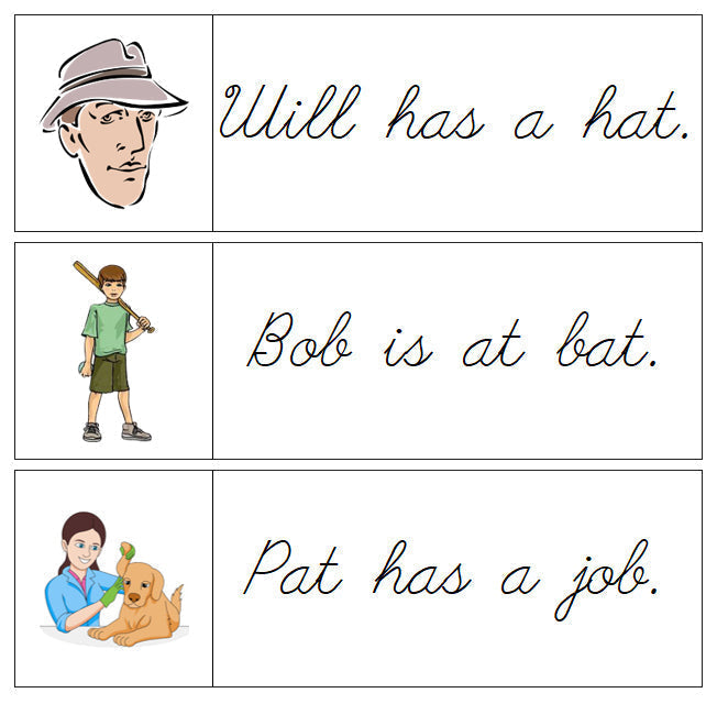 Step 1: Sentence Cards - Set 1 - CURSIVE - Montessori Print Shop Digital Download phonics lesson