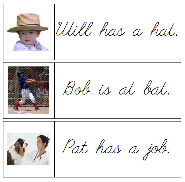 Step 1: Sentence Cards - Set 1 (photos) - CURSIVE - Montessori Print Shop Digital Download phonics lesson