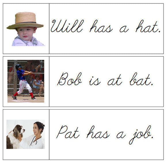 Step 1: Sentence Cards - Set 1 (photos) - CURSIVE - Montessori Print Shop Digital Download phonics lesson