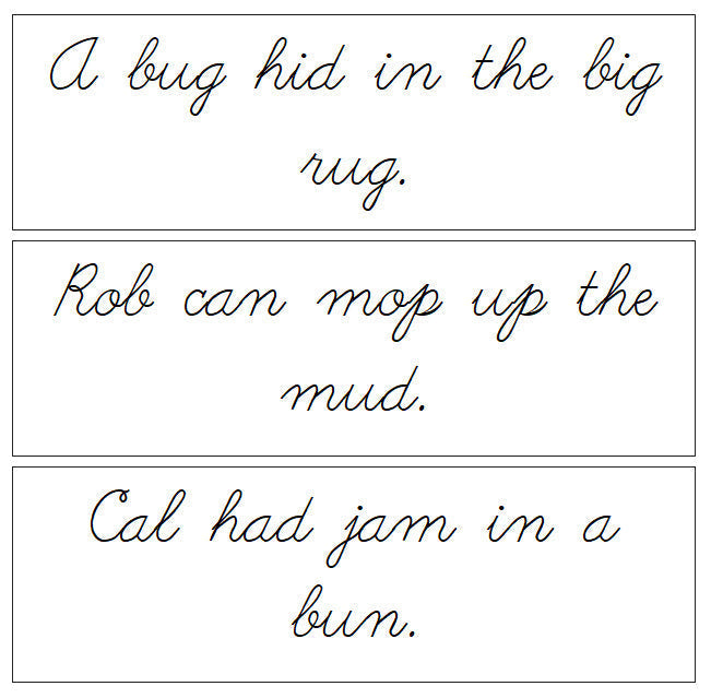 Step 1: Sentence Cards - Set 3 - CURSIVE - Montessori Print Shop Digital Download phonics lesson