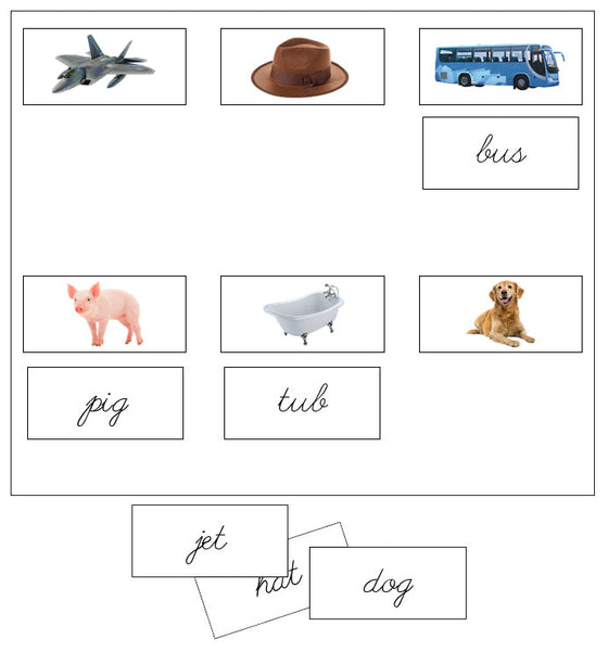 Step 1: Sheets & Labels (photos) - CURSIVE - Montessori Print Shop phonics lesson