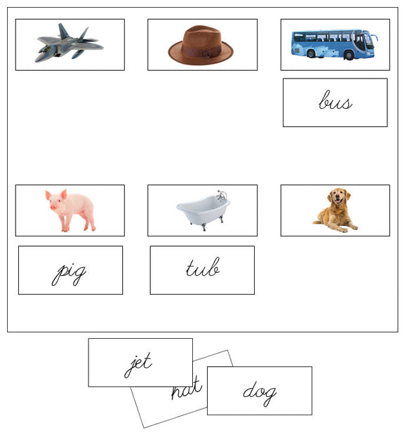 Step 1: Sheets & Labels (photos) - CURSIVE - Montessori Print Shop phonics lesson