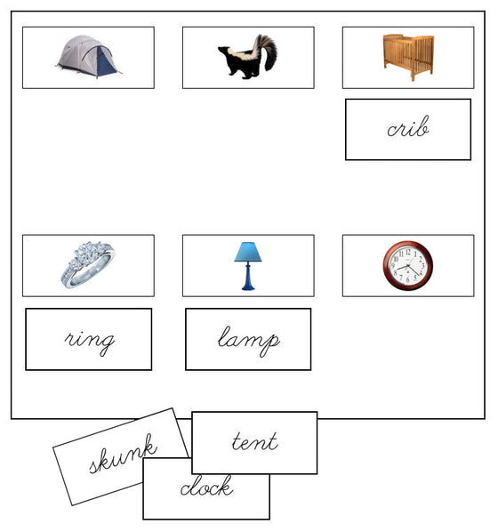 Step 2: Sheets & Labels (photos) - CURSIVE - Montessori Print Shop phonics lesson