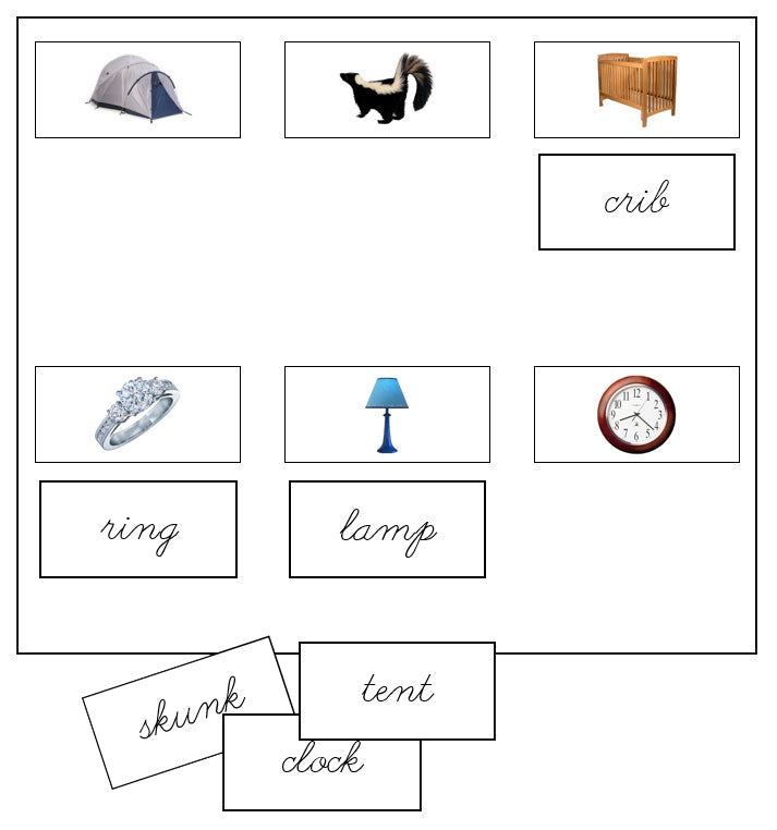 Step 2: Sheets & Labels (photos) - CURSIVE - Montessori Print Shop phonics lesson