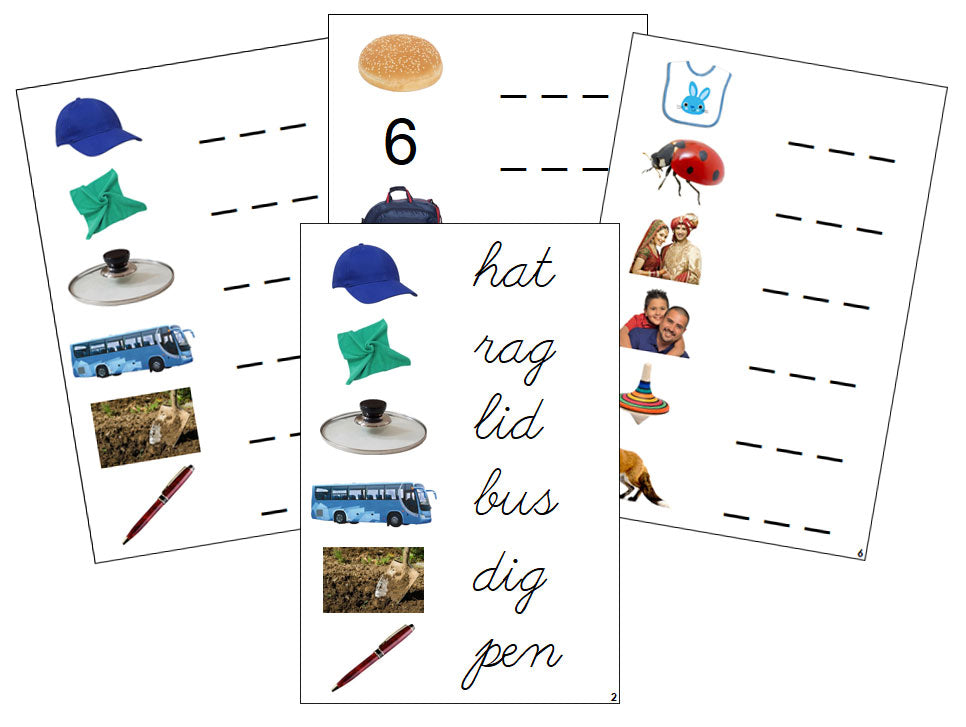 Montessori Step 1: Spelling Cards (photos) - CURSIVE - Montessori Print Shop phonics lesson